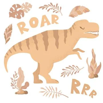 Vector illustration with cute hand drawn cartoon dinosaur, leaves and branc.. Stock Illustration