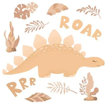 Vector illustration with cute hand drawn cartoon dinosaur, leaves and branc.. Stock Illustration