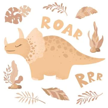 Vector illustration with cute hand drawn cartoon dinosaur, branches and lea.. Stock Illustration