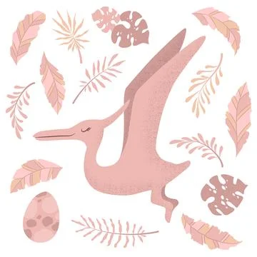 Vector illustration with cute hand drawn cartoon dinosaur, leaves and branc.. Stock Illustration