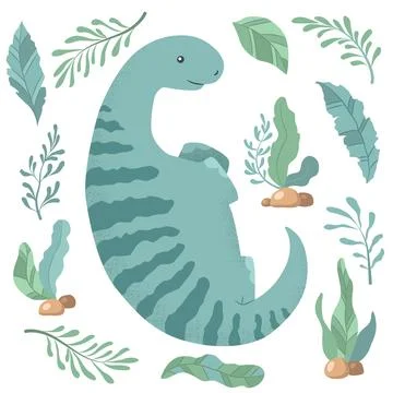 Vector illustration with cute hand drawn cartoon dinosaur, leaves and branc.. Stock Illustration