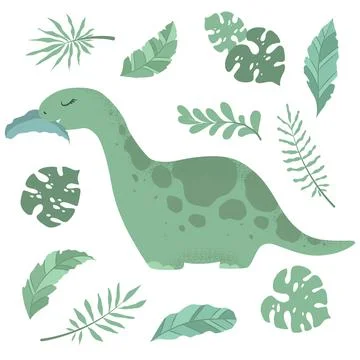 Vector illustration with cute hand drawn cartoon dinosaur, leaves and branc.. Stock Illustration