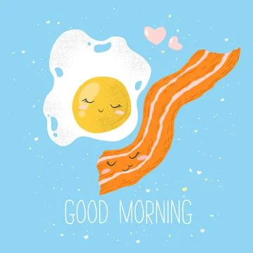 Vector illustration with cute hand drawn cartoon egg, bacon and lettering G.. Illustrazione stock