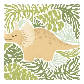 Vector illustration with cute hand drawn cartoon dinosaur and abstract plan.. Stock Illustration