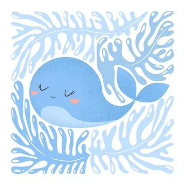 Vector illustration with cute hand drawn cartoon whale and abstract plants .. Stock Illustration