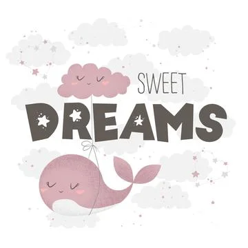 Vector illustration with cute hand drawn cartoon whale, clouds, stars and q.. Illustrazione stock