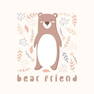 Vector illustration with cute hand drawn bear, lettering, leaves and branch.. Stock Illustration
