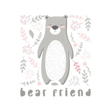Vector illustration with cute hand drawn bear, lettering, leaves and branch.. Stock Illustration