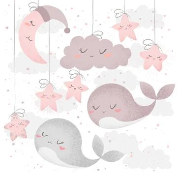 Vector illustration with cute hand drawn cartoon clouds, moon, stars and wh.. Stock Illustration