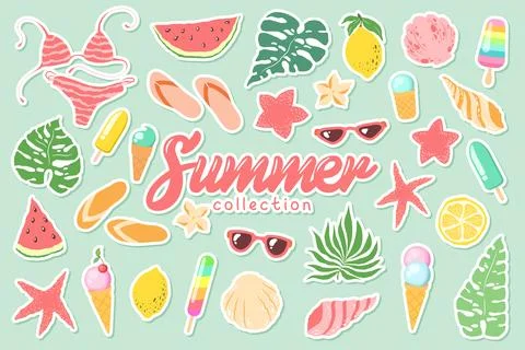Vector illustration with cute hand drawn summer stickers set isolated on bl.. Stock Illustration