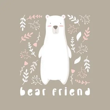 Vector illustration with cute hand drawn white bear, lettering, leaves and .. Stock Illustration