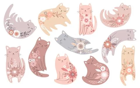 Vector illustration with cute hand drawn cats and flowers in pastel colors .. Stock Illustration