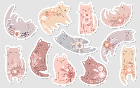Vector illustration with cute hand drawn cats stickers and flowers in paste.. Stock Illustration