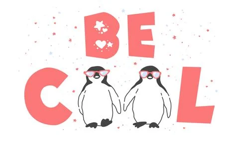 Vector illustration with cute hand drawn penguins in sunglasses and letteri.. Stock Illustration