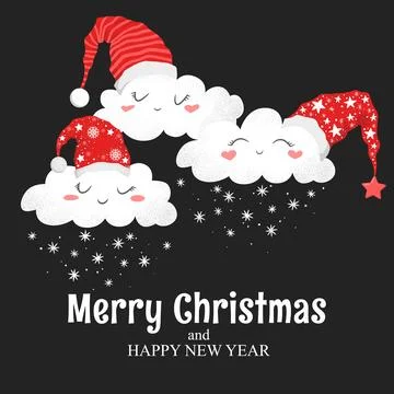 Vector illustration with cute hand drawn snow clouds in Santa hat, snowflak.. Stock Illustration