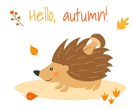 Vector illustration with cute hedgehog and mushroom in cartoon style. Stock-Illustration