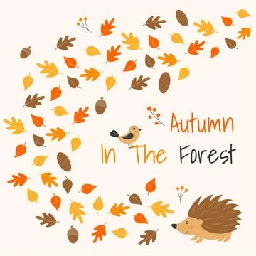 Vector illustration with cute hedgehog, bird and leaf fall in cartoon style.. Stock Illustration