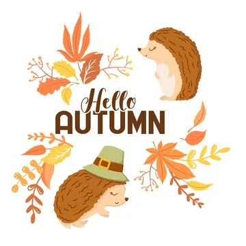 Vector illustration with cute hedgehogs characters, lettering and autumn le.. Stock Illustration