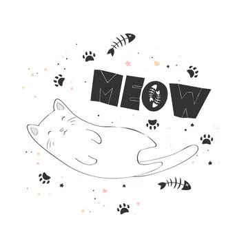 Vector illustration with cute line art cat and hand drawn lettering Meow isol Stock Illustration