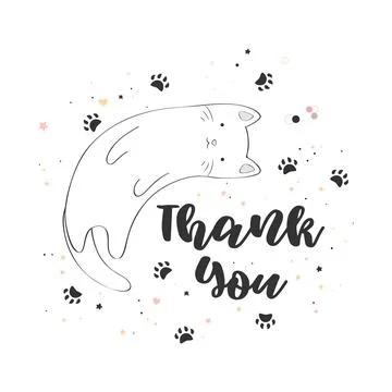 Vector illustration with cute line art cat and hand drawn lettering Thank You Stock Illustration
