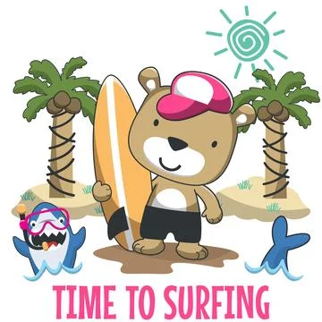Vector illustration of cute little bear with a surfboard, Funny background .. Stock Illustration