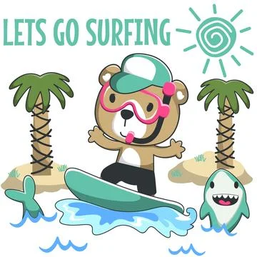 Vector illustration of cute little bear with a surfboard, Funny background .. Stock Illustration