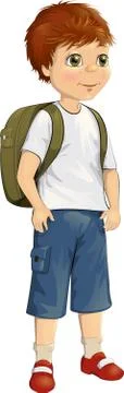 Vector illustration of a cute little boy with a backpack behind his back with Stock Illustration