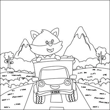 Vector illustration of cute little fox on a truck go to forest, Stock Illustration