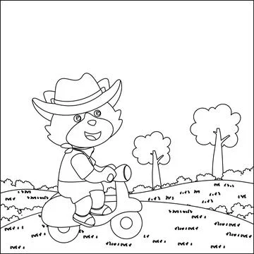 Vector illustration of cute little fox riding a scooter. Stock Illustration