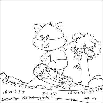 Vector illustration of cute little fox on skate board. Stock Illustration