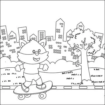 Vector illustration of cute little fox on skate board. Stock Illustration