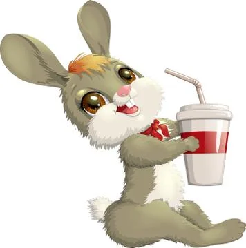 Vector illustration cute little hare drinks from a glass through a straw Stock Illustration