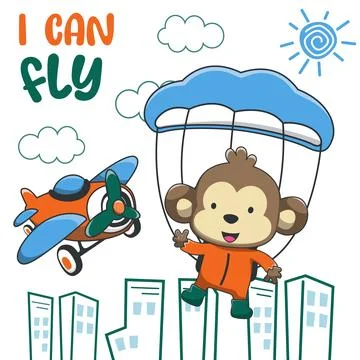 Vector illustration of a cute little monkey flying with a parachute. with c.. Stock Illustration