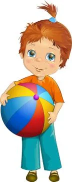 Vector illustration cute little small girl holding a big ball in her hands Stock Illustration