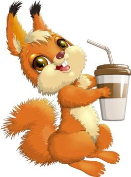 Vector illustration cute little squirrel drinks from a glass through a straw Stock Illustration