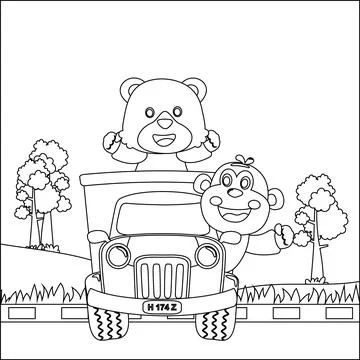 Vector illustration of cute monkey and bear on a road trip truck, Stock Illustration