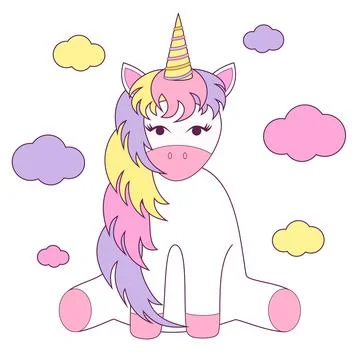 Vector illustration. Cute multicolored unicorn with clouds. Stock Illustration