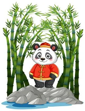 Vector illustration of a cute panda in red tangzhuang standing on rocks amids Illustrazione stock