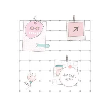 Vector illustration with cute paper notes, flower, clip. Wall mood board Stock Illustration