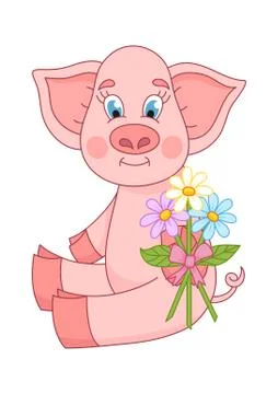Vector illustration, cute pig giving bouquet of camomiles 스톡 일러스트