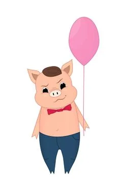 Vector illustration of Cute pig holding a balloon cartoon. Doodle, hand-drawn Illustrazione stock