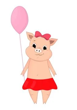 Vector illustration of Cute pig holding a balloon cartoon. Doodle, hand-drawn Illustrazione stock