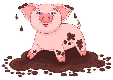 Vector illustration of cute pig in a puddle, funny piggy Stock Illustration