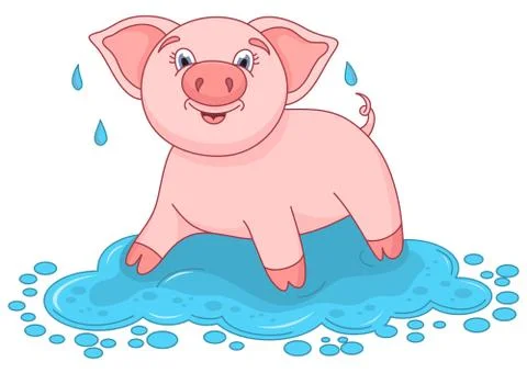 Vector illustration of cute pig in a puddle, funny piggy Stock Illustration