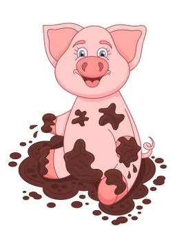 Vector illustration of cute pig in a puddle, funny piggy Stock Illustration