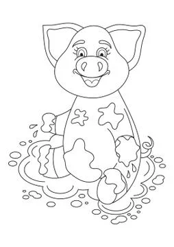 Vector illustration of cute pig in a puddle, funny piggy, coloring book Stock Illustration