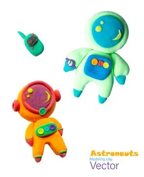 Vector illustration of cute plasticine astronauts of a girl and a boy. Great  Stock Illustration