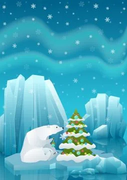 Vector illustration of cute polar bear sitting in ice and decorating Christmas Illustrazione stock