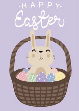 Vector illustration of cute rabbit in a basket of easter eggs. Happy Easter 스톡 일러스트