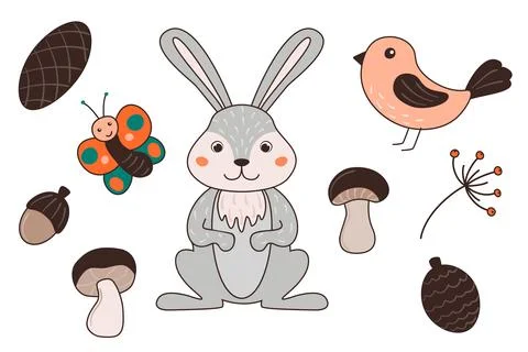 Vector illustration with cute rabbit, bird, butterfly, mushrooms, cone, aco.. Stock-Illustration